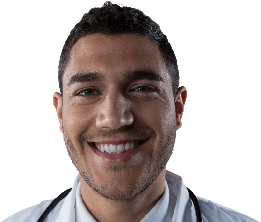 Transparent Smiling Doctor Portrait with Stethoscope Highlighting Professionalism