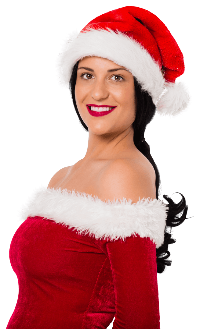 Smiling Woman in Santa Costume on Transparent Background