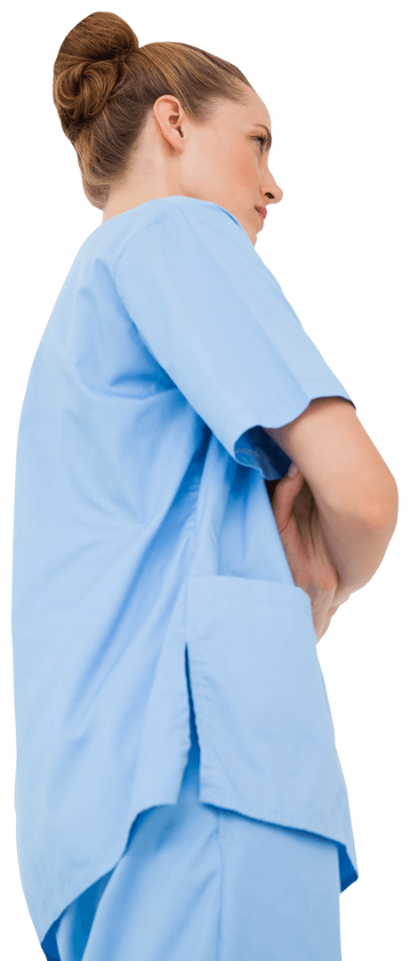 Transparent Nurse in Blue Scrubs with Arms Crossed
