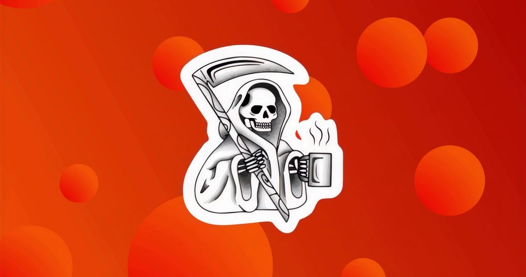 Grim Reaper Sipping Coffee Holding Scythe Sticker on Red-Orange Gradient with Bokeh