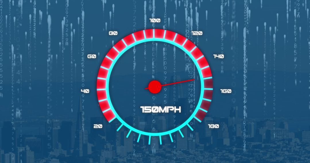 Speedometer Against Cityscape with Digital Binary Background