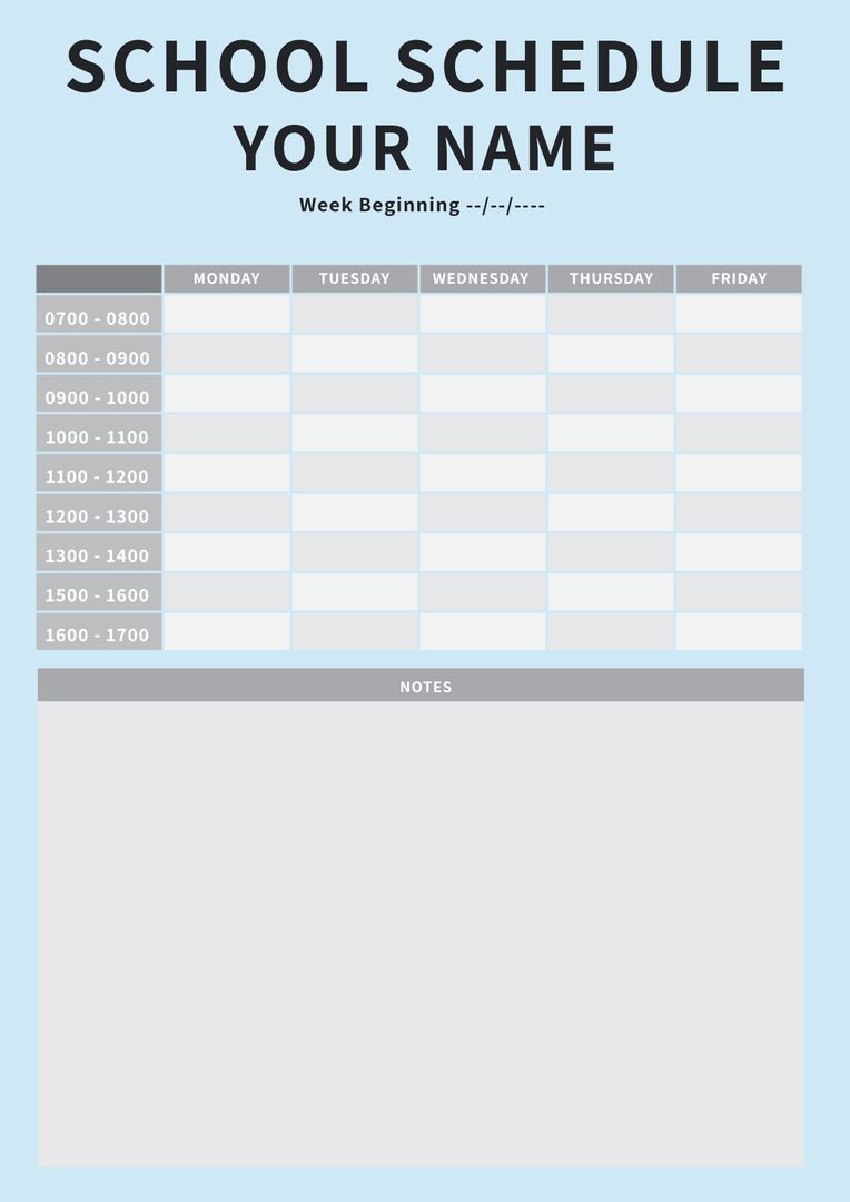 Customizable School Schedule Template with Time Slots