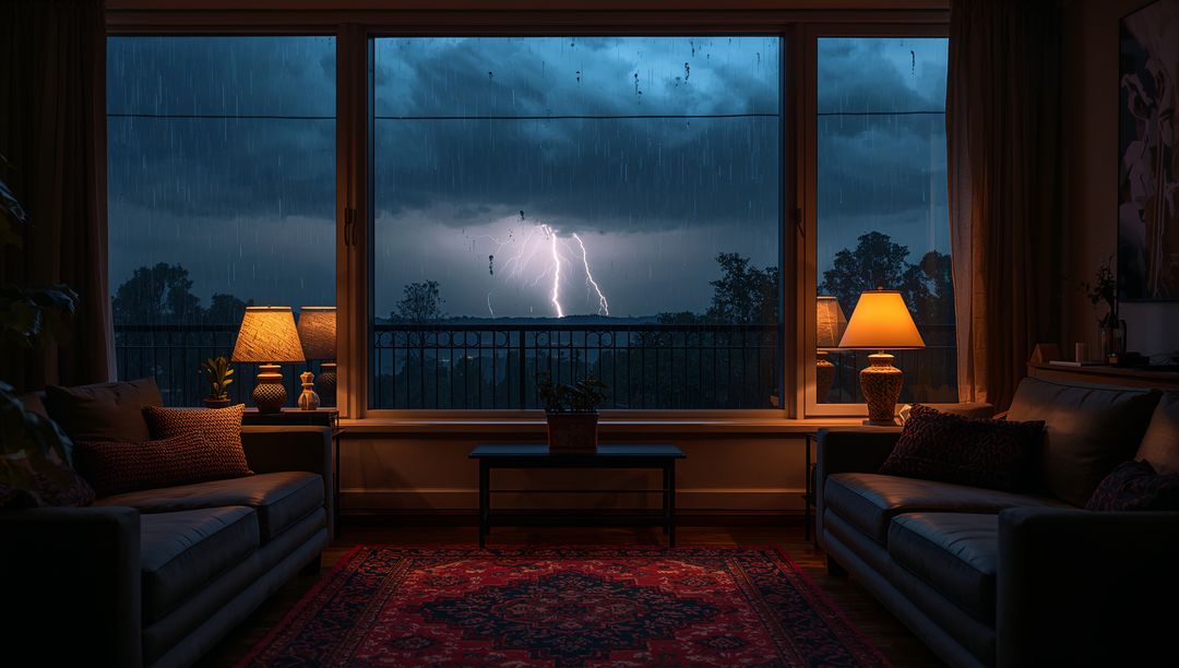 Cozy Living Room Framing Dramatic Lightning Storm Through Large Rain-Splattered Window