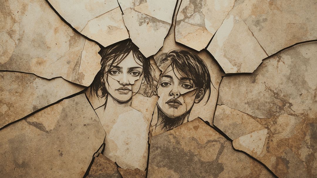 Two Charcoal Faces Emerging from Cracked Plaster Wall
