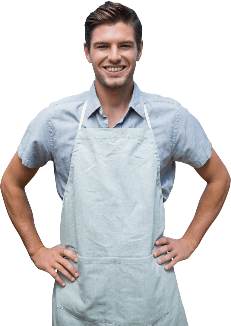 Transparent Smiling Young Male Chef in Apron Confident Pose