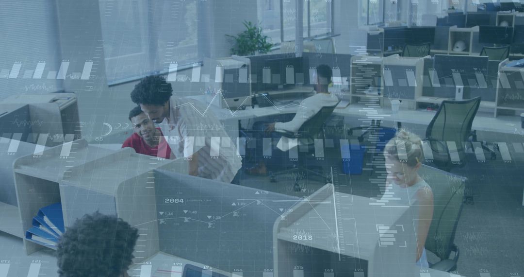 Team Collaborating in Open Office with Digital Overlay