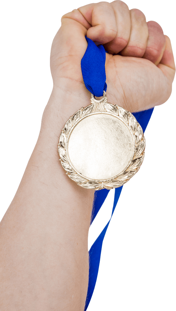 Hand Gripping Shiny Gold Medal with Blue Ribbon on Transparent Background