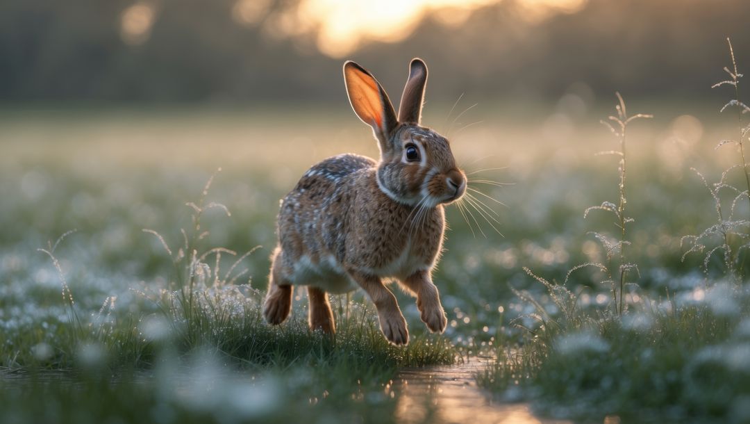 Wild cottontail rabbit bounding through dew-covered meadow at dawn