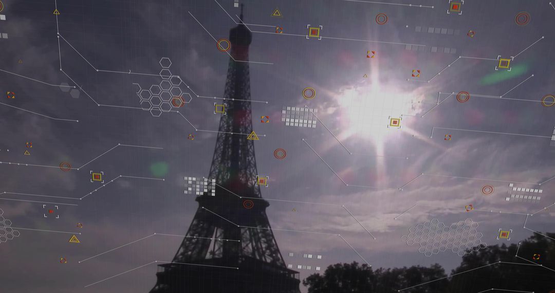 Eiffel Tower with Futuristic Digital HUD Elements Overlaid