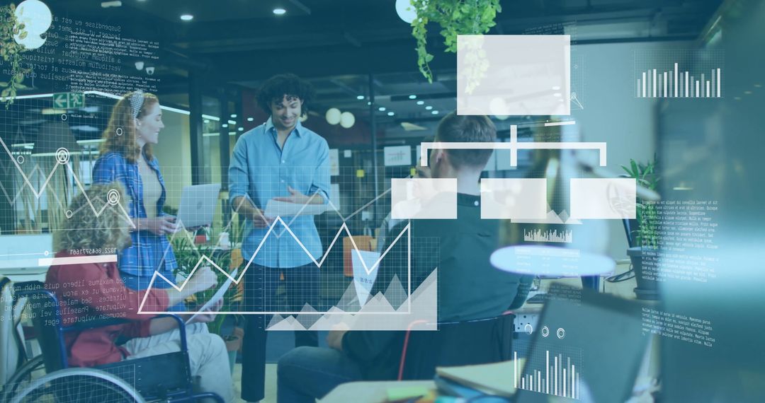 Diverse Team Engaged in Data Discussion with Digital Interface Elements