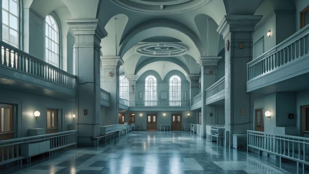 Grand classic courtroom interior with arched windows and marble flooring