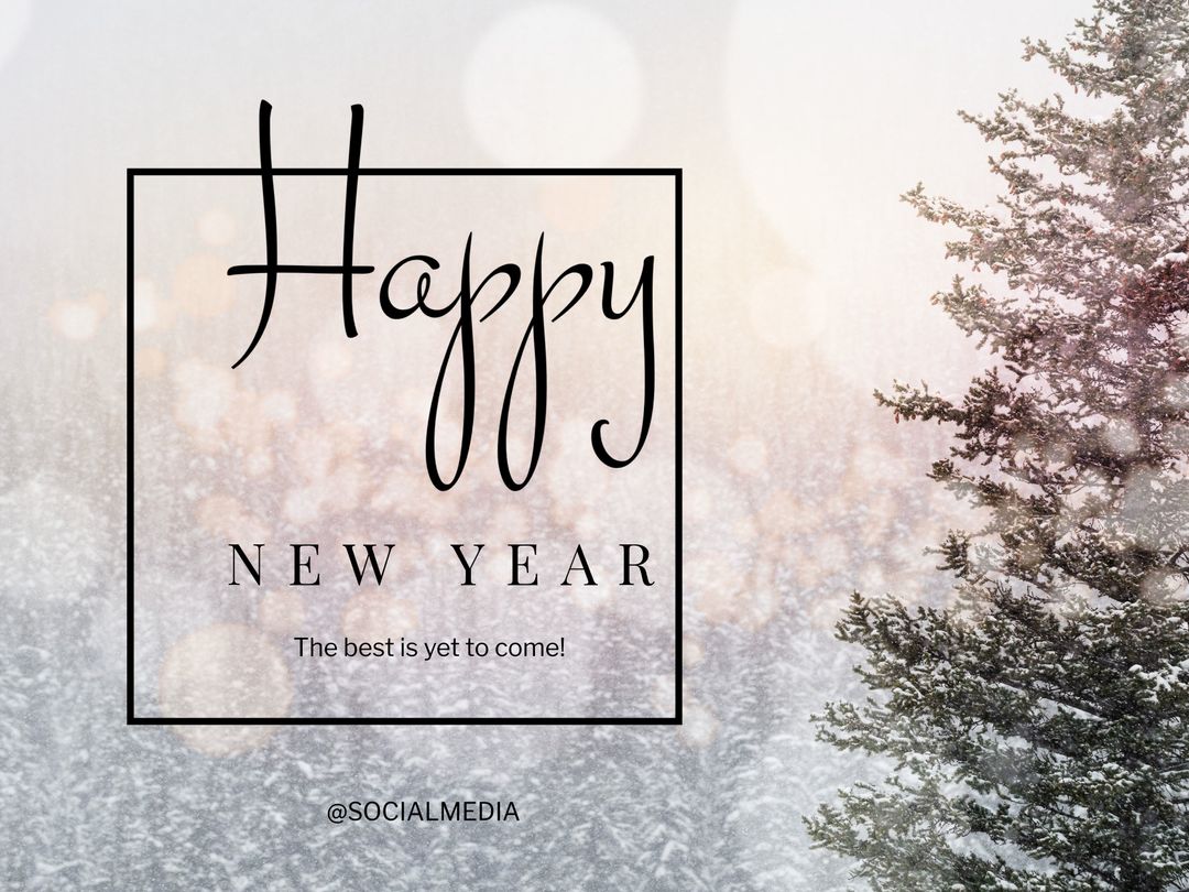 New Year Greetings Card with Snowy Pine Tree Background