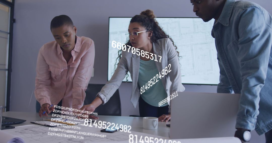 Diverse Business Team Analyzing Data Overlay in Modern Office