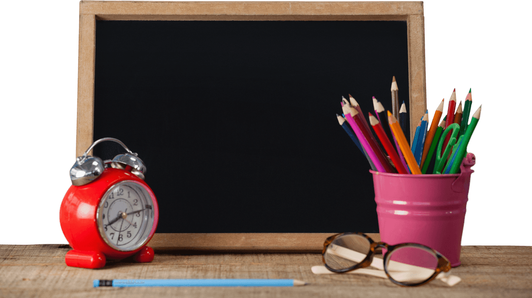 Transparent Blackboard With Stationery and Red Alarm Clock - Download Free Stock Images Pikwizard.com
