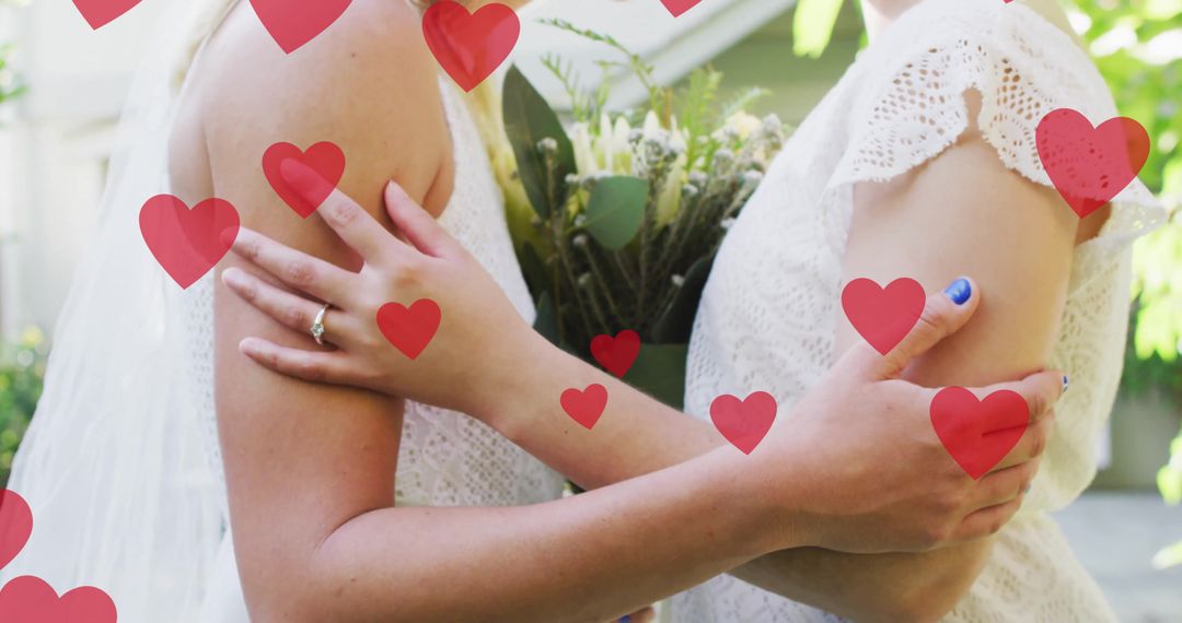 Diverse Female Couple Embracing with Hearts Illustrating Love