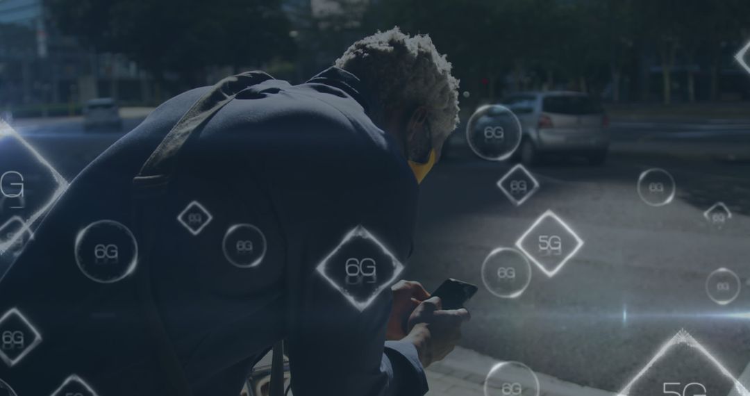 Man with Mask Using Smartphone amidst 5G and 6G Symbols