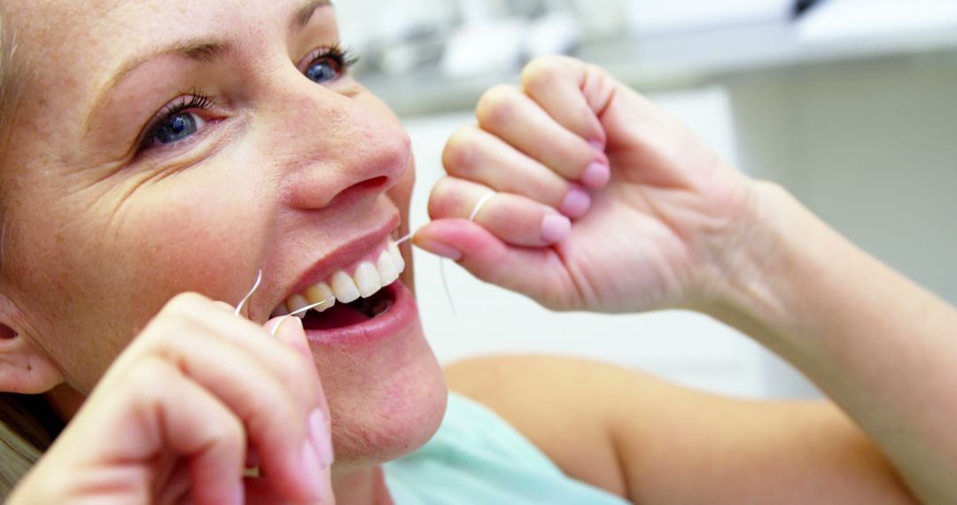 Close-Up of Smiling Woman Flossing Her Teeth - Free Images, Stock Photos and Pictures on Pikwizard.com