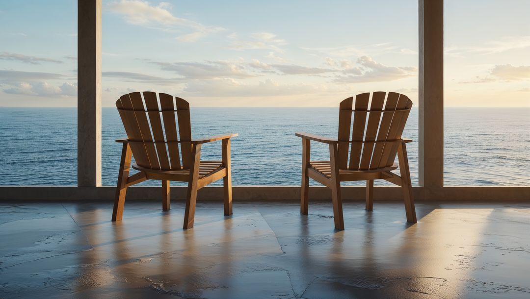 Two Adirondack Chairs Overlooking Tranquil Sea on Veranda