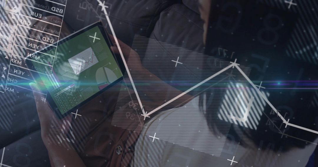 Businesswoman Analyzing Financial Data on Tablet with Digital Overlays