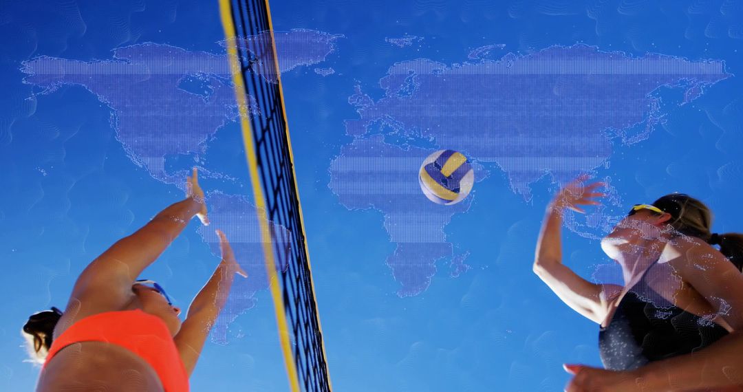 Beach Volleyball Action with World Map Overlay