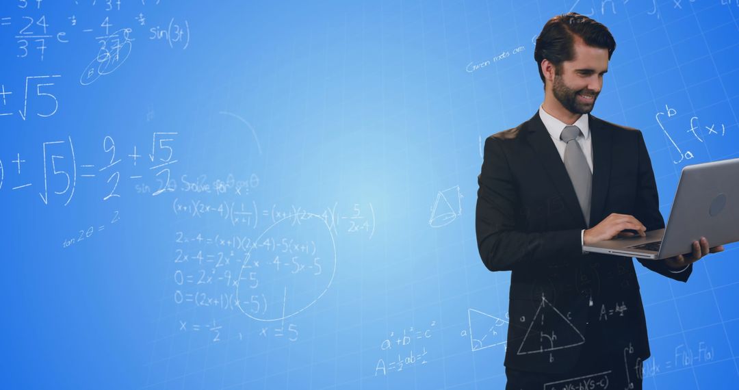 Businessman Innovating with Technology and Mathematical Concepts