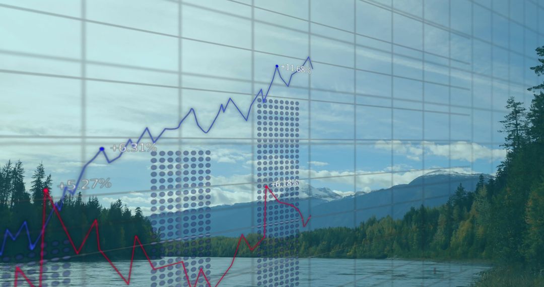 Stock Market Data Overlay on Serene Mountain Landscape