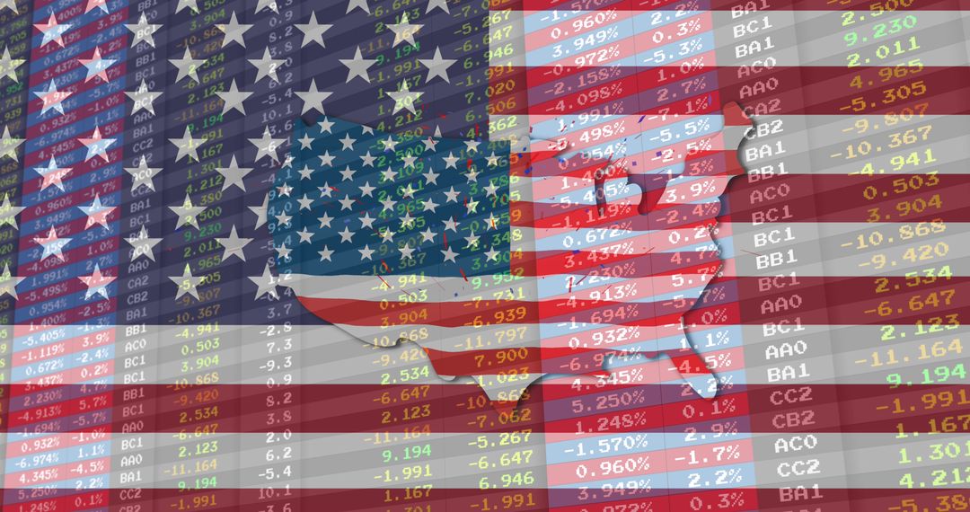 US Flag Overlaid with Financial Data Screen Showing Market Trends