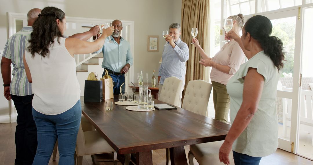 Group of Diverse Seniors Toasting at Home Celebration Gathering