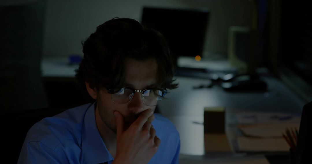 Focused Man Working Late Night Office Technology