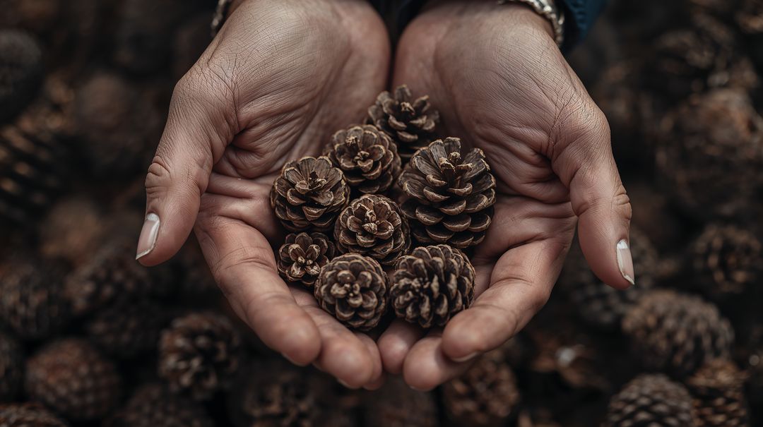 Hands Holding Small Pine Cones Over Moody Autumn Forest Floor Rustic Natural Texture Warm