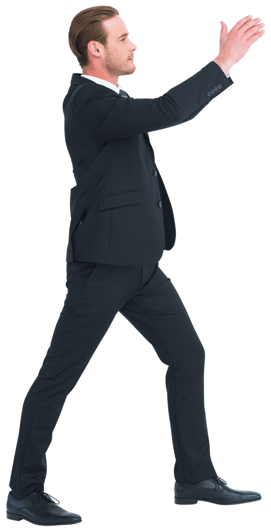 Transparent Businessman Raising Hands and Smiling Enthusiastically