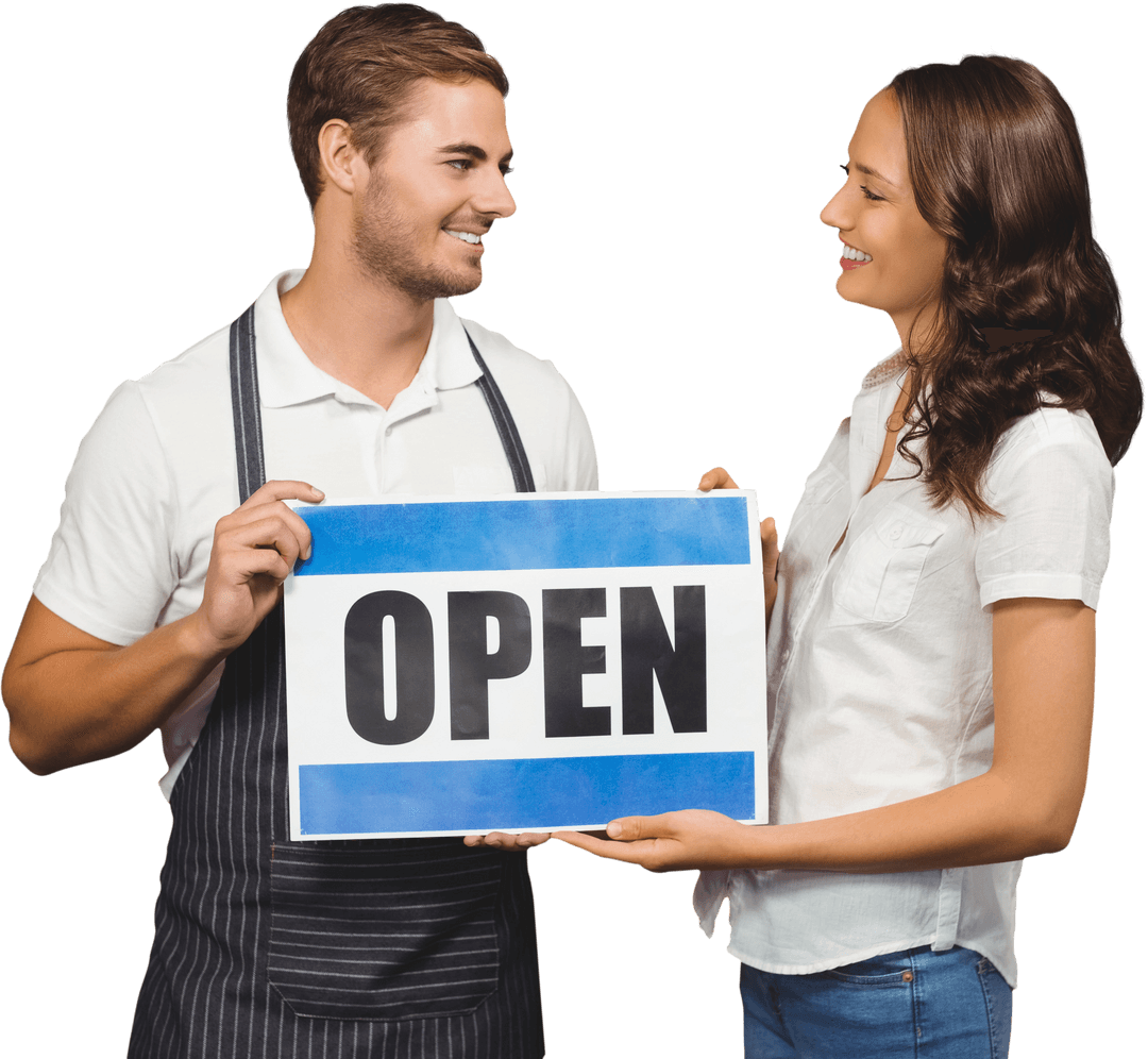 Smiling Business Partners Holding Transparent Open Sign