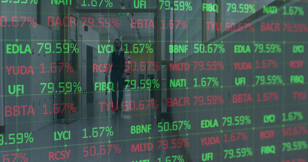 Dynamic Financial Data Display Over Male Businessman in Office