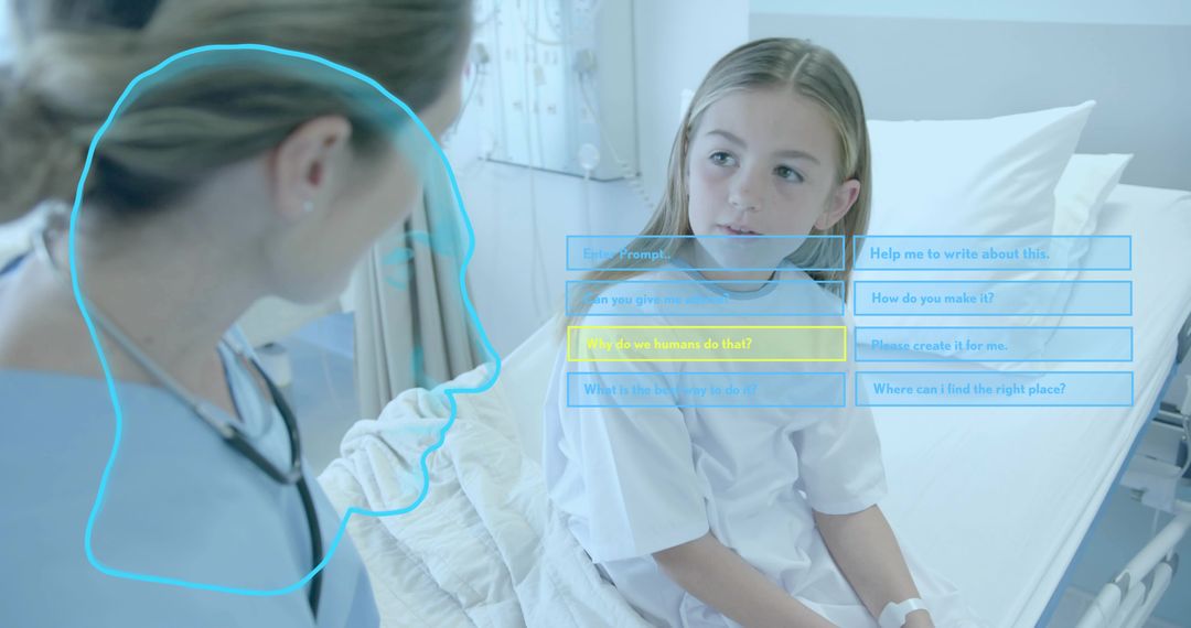 Nurse comforting child patient on hospital bed with digital UI prompts for care