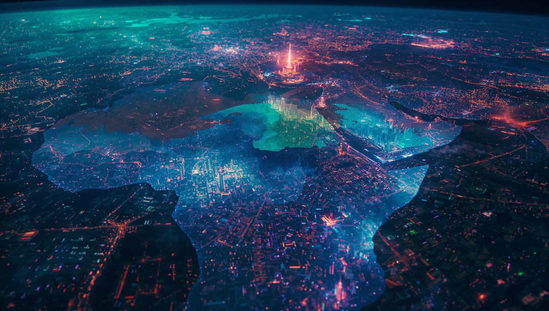 Neon Holographic Continent Hovering Over Futuristic City Grid with Beacon and Data Pulse