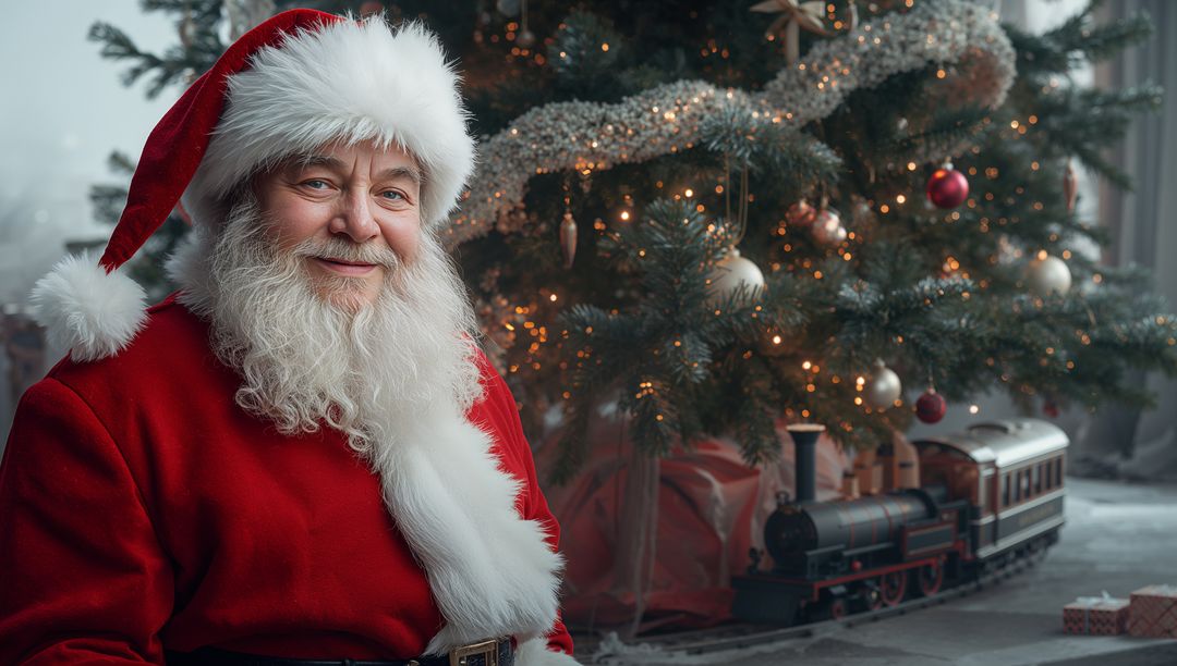 Santa Claus Sitting by Christmas Tree in Festive Home Interior