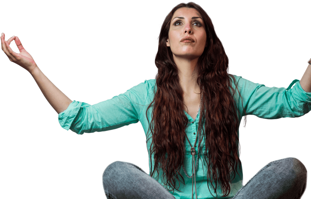 Woman Levitating with Arms Raised in Contemplative Pose
