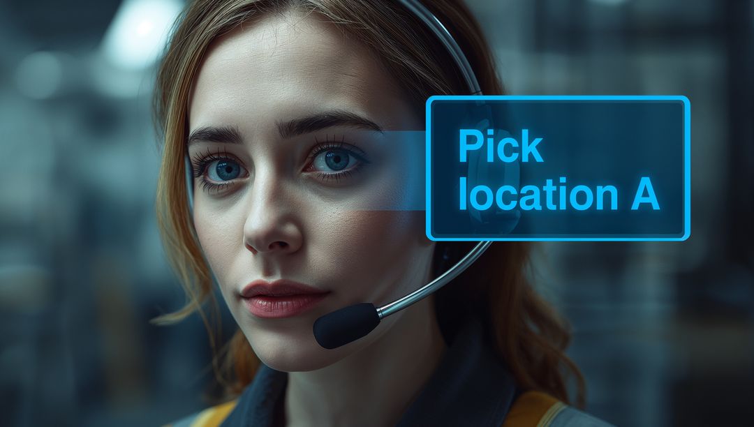 Warehouse Worker with Headset Confirming Pick Location via Technology