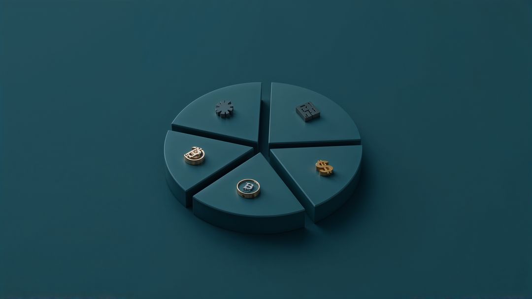 3D Floating Teal Pie Chart with Metallic Currency Icons on Matte Surface