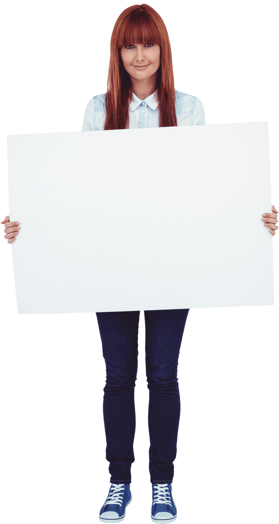 Transparent Hipster Woman Holding Blank Banner for Advertising