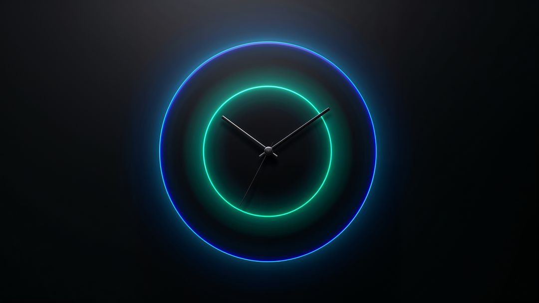 Futuristic Neon Clock with Rotating Hands in Digital Void