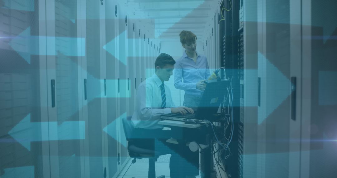 IT Professionals Working in Server Room with Digital Overlay