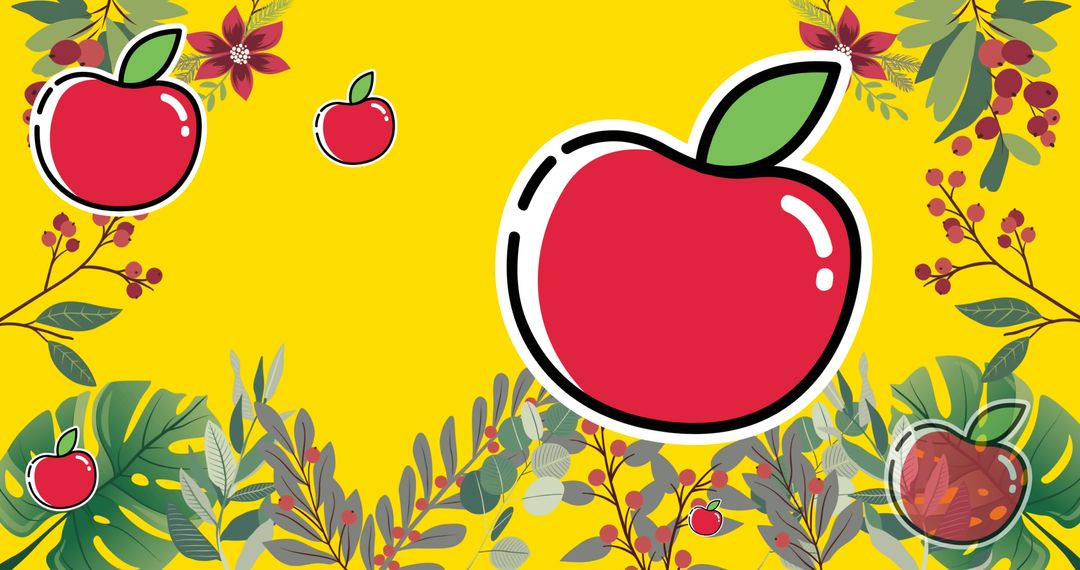 Whimsical Red Apples and Botanical Elements on Yellow Background
