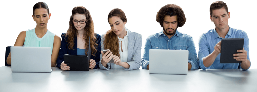 Diverse Colleagues Engaging with Technology at Transparent Desk
