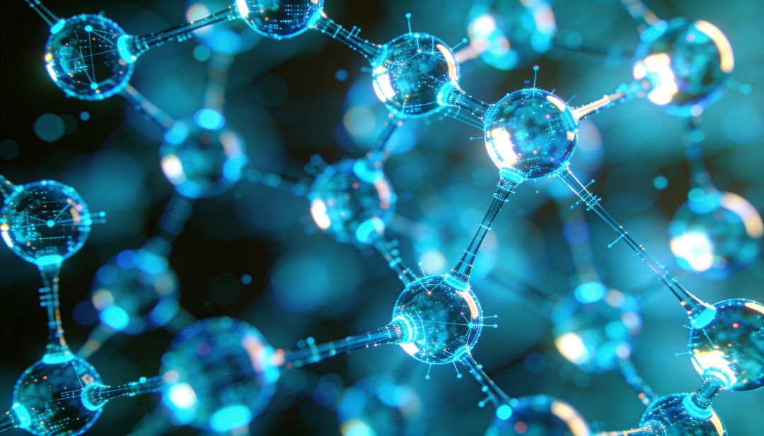Glowing Molecular Lattice 3D Visualization Showing Translucent Spheres and Connecting Rods