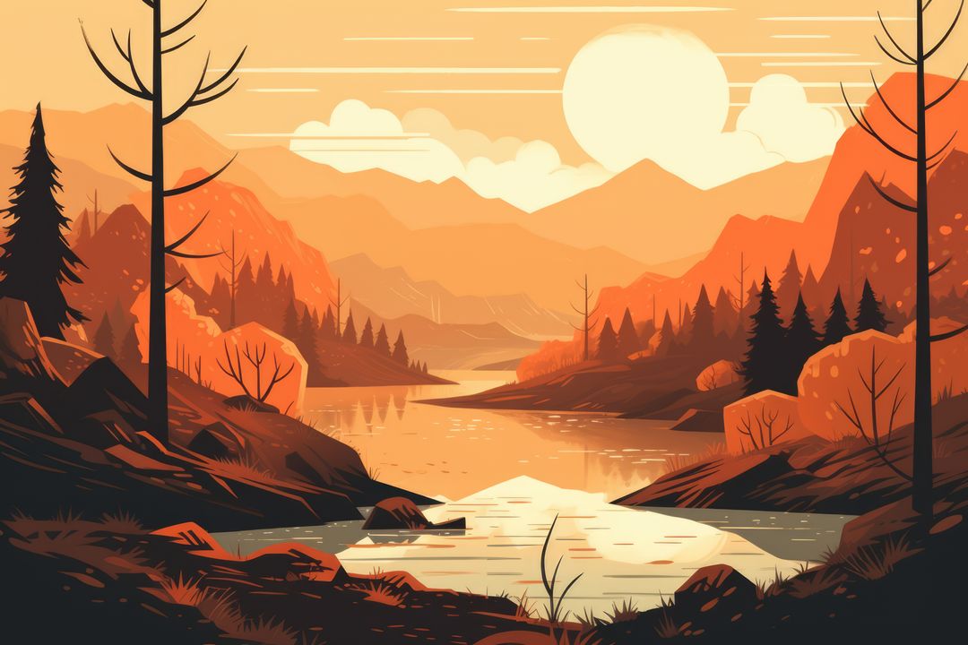 Sunset landscape with trees, mountains and river created using generative ai technology - Free Images, Stock Photos and Pictures on Pikwizard.com