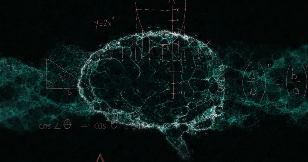 Digital Brain with Math Formulas on Black Background