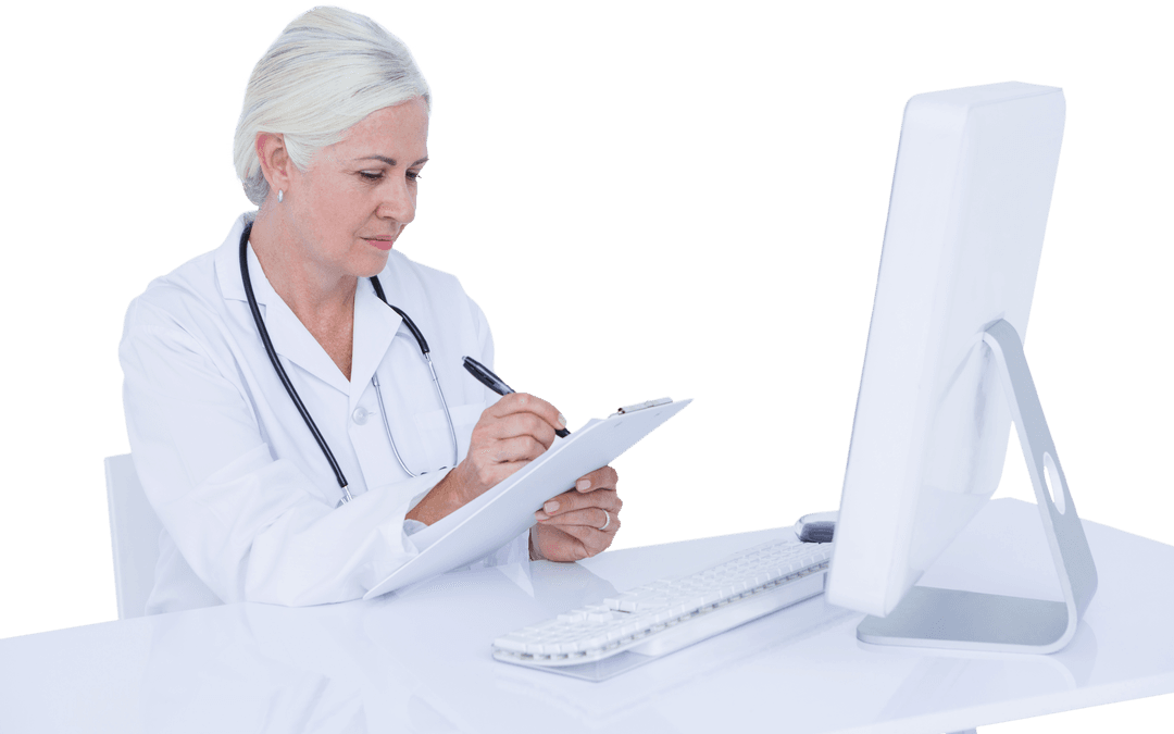 Transparent Background: Female Doctor Writing at Modern Desk Setup
