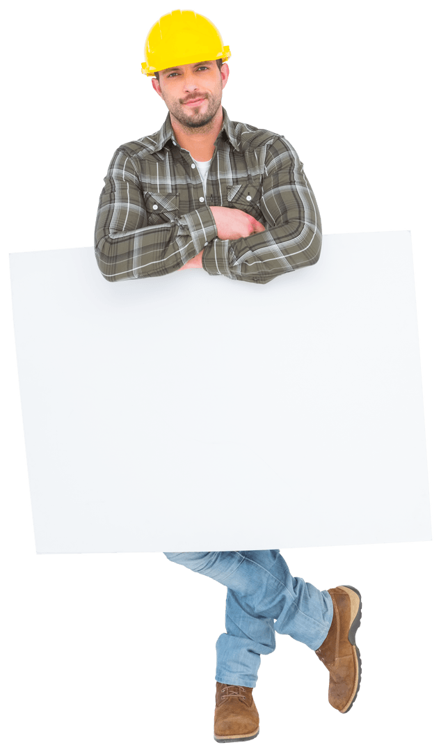 Transparent Construction Worker Holding Blank Signboard