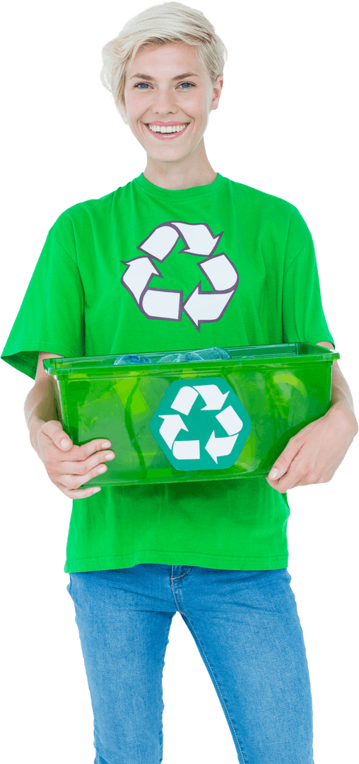 Smiling Woman Holding Recycle Box Transparent Background